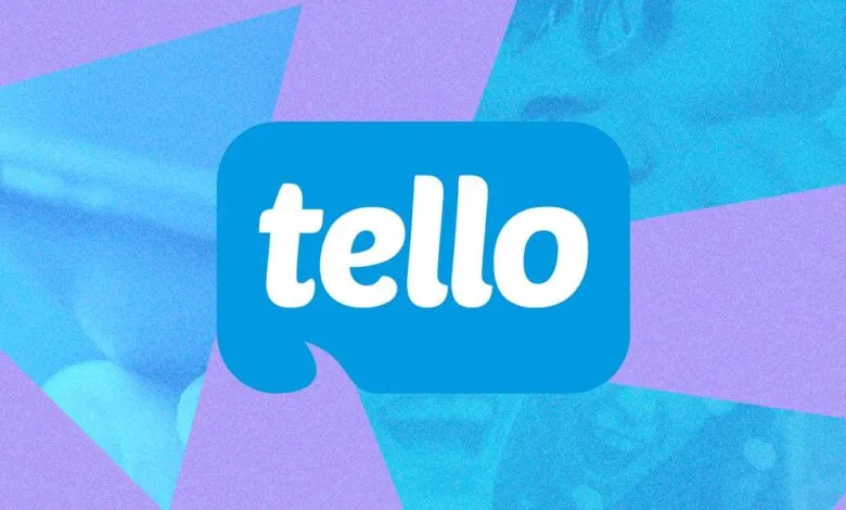 Tello logo in a blue speech bubble on a textured purple and blue background.