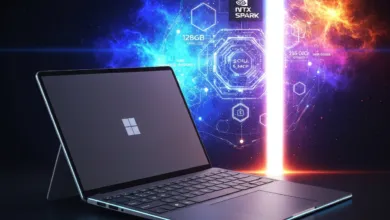 Sleek laptop with Microsoft logo against a cosmic, tech-infused background.
