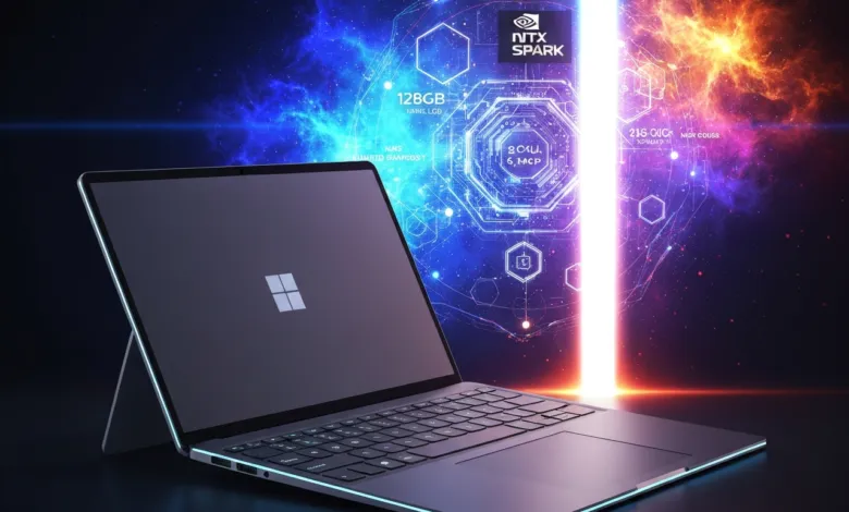 Sleek laptop with Microsoft logo against a cosmic, tech-infused background.