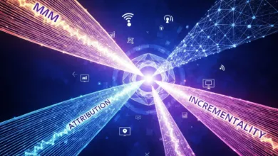 Abstract digital marketing concept with converging lines and icons.