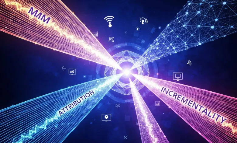 Abstract digital marketing concept with converging lines and icons.