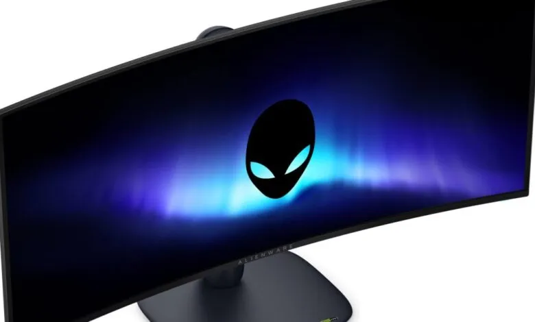 Curved Alienware monitor displaying the Alienware logo on a blue background.