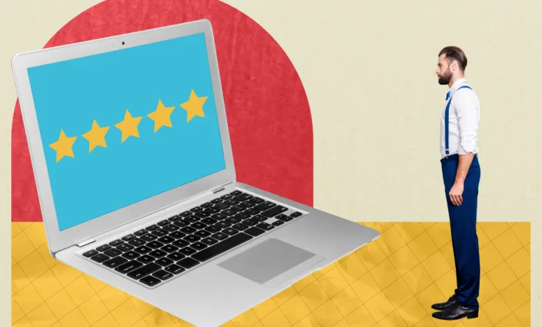 Laptop displays 5-star review next to a man in suspenders.