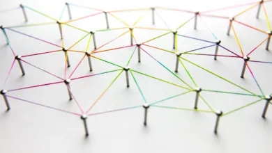 Network of colorful strings connecting pins on a white surface.