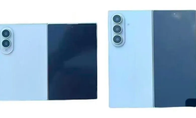 Two folded smartphones, one with two cameras and the other with three, in light blue and black.