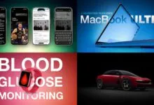 Collage of tech news: Apple, MacBook Ultra, blood glucose monitoring, and a Ferrari.