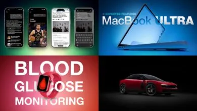 Collage of tech news: Apple, MacBook Ultra, blood glucose monitoring, and a Ferrari.
