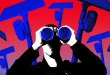 A person looking through binoculars surrounded by Flock safety cameras against a red background.