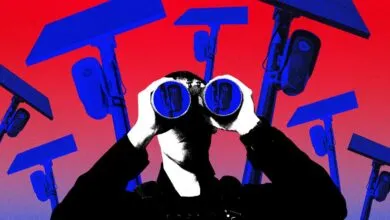A person looking through binoculars surrounded by Flock safety cameras against a red background.