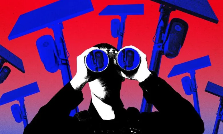 A person looking through binoculars surrounded by Flock safety cameras against a red background.