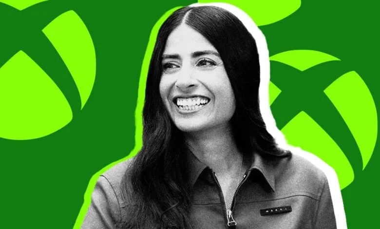 Portrait of Asha Sharma against a bright green background with Xbox logos.