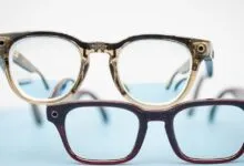 Two pairs of Ray-Ban Meta Gen 2 smart glasses stacked on a light blue and white surface.