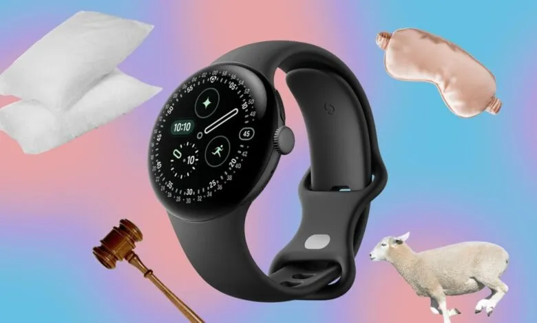 A black Google Pixel Watch surrounded by sleep-themed icons like pillows, a sleep mask, a gavel, and a sheep against a colorful pastel background.
