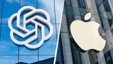 Split image showing the white OpenAI logo on the left and the Apple logo on the right against glass buildings.