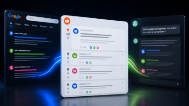 Digital graphic showing Reddit connecting to Google and ChatGPT interfaces with glowing light trails.