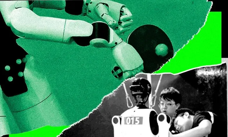 Collage of a robotic arm playing table tennis and a humanoid robot with researchers in a lab setting.