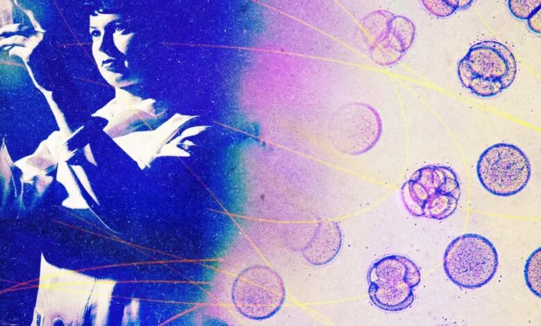 A stylized collage of a female scientist in blue tones alongside microscopic cell divisions.