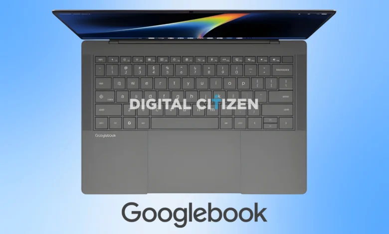 Top-down view of a grey Googlebook laptop with a dark keyboard against a bright blue gradient background.
