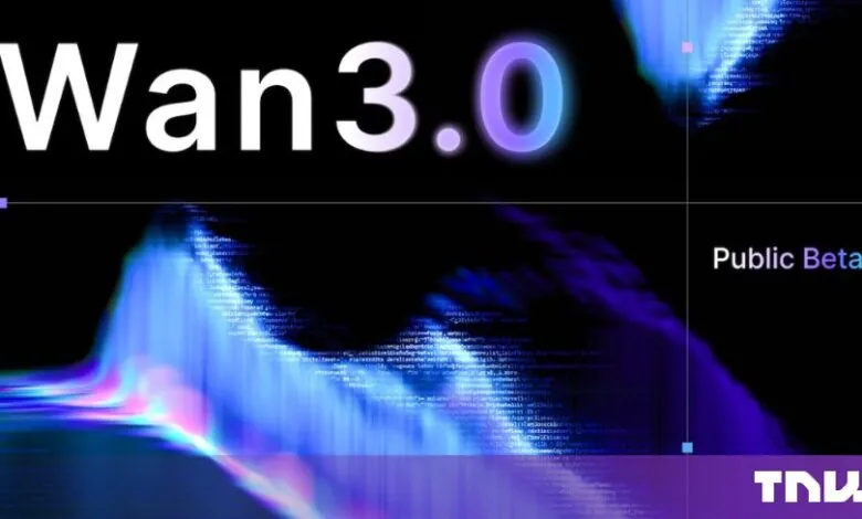Tech graphic displaying the text Wan3.0 Public Beta over a digital wave background.