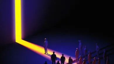 People stand in the dark, watching a bright yellow light stream through a vertical crack in a dark wall.