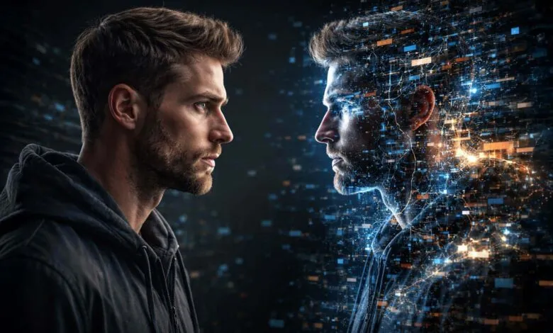 A man in a hoodie looks face-to-face with his own digital duplicate made of glowing blue code.