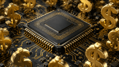 A computer processor chip surrounded by floating gold dollar signs on a circuit board.