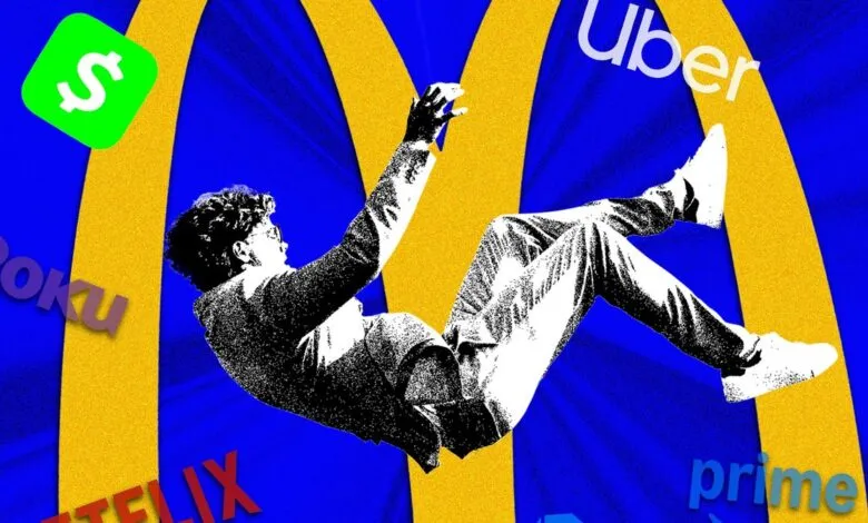 A stylized silhouette of a person falling backward against a blue and yellow McDonald's logo background with popular app icons.