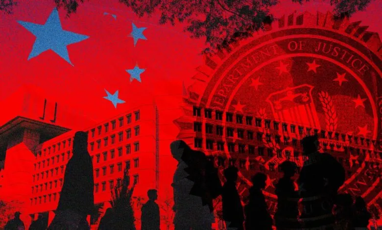 Silhouetted people walk past a building overlaid with the Chinese flag and FBI seal in red tones.