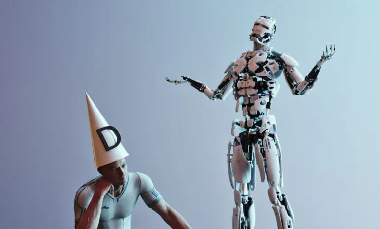 Man wearing a dunce hat sits defeated next to an advanced white robot with raised arms.