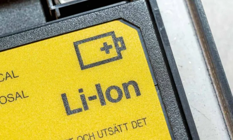 Close-up of a bright yellow and black Li-Ion battery warning label with a battery icon.