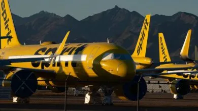 Bright yellow Spirit Airlines planes parked on the tarmac with mountain backdrop.