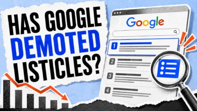Graphic asking Has Google Demoted Listicles with search results and declining chart