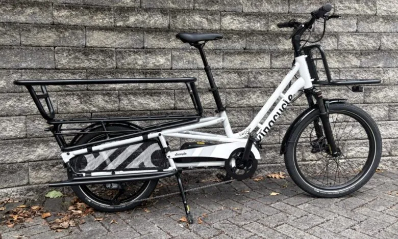 White cargo e-bike with black racks parked against a grey stone wall on paving stones.