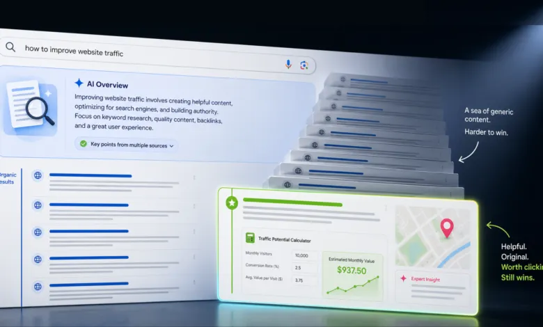A simulated search engine interface with AI overview and a stack of generic content cards.
