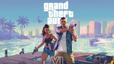 Jason and Lucia holding weapons on a wooden pier with a tropical city skyline in the background.