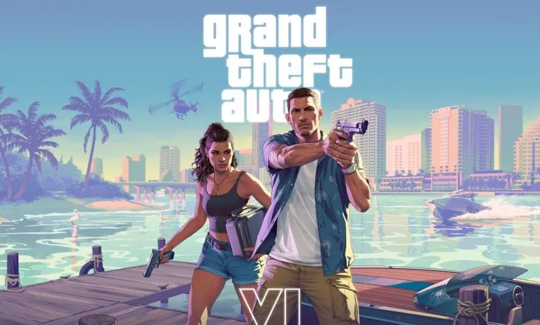 Jason and Lucia holding weapons on a wooden pier with a tropical city skyline in the background.