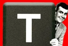 A stylized graphic featuring a black keyboard key with the letter T, next to a vintage businessman smiling.