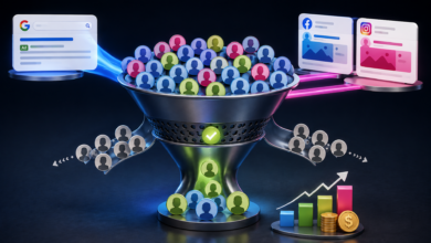 3D render of a lead generation funnel fed by Google, Facebook, and Instagram ads, filtering users into growth.