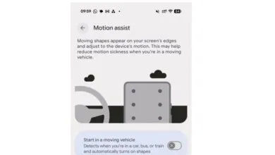 Motion assist settings screen on a smartphone showing car sickness reduction features