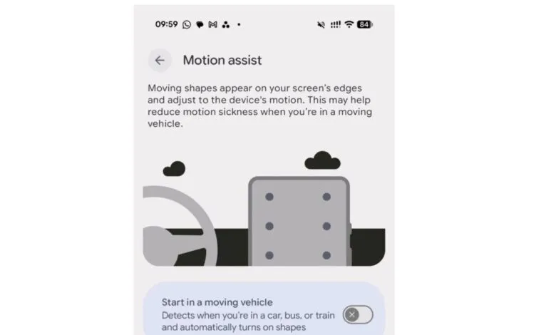 Motion assist settings screen on a smartphone showing car sickness reduction features