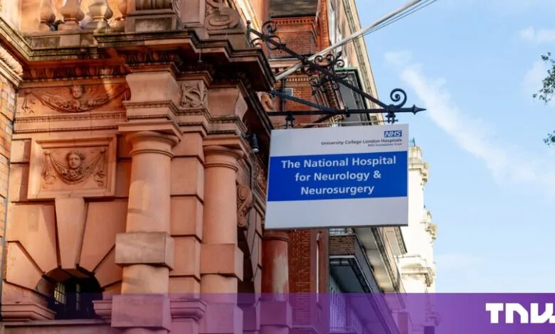 Exterior sign for The National Hospital for Neurology and Neurosurgery in London.