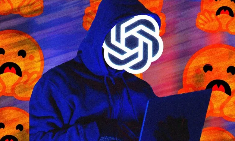 Hooded figure wearing a glowing OpenAI logo mask while typing on a laptop amid frightened emoji faces.