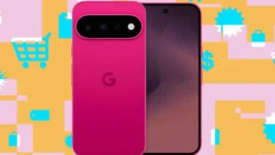 Vibrant pink Google Pixel phone displayed against an abstract yellow and pink shopping background.