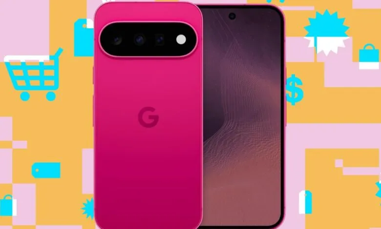 Vibrant pink Google Pixel phone displayed against an abstract yellow and pink shopping background.