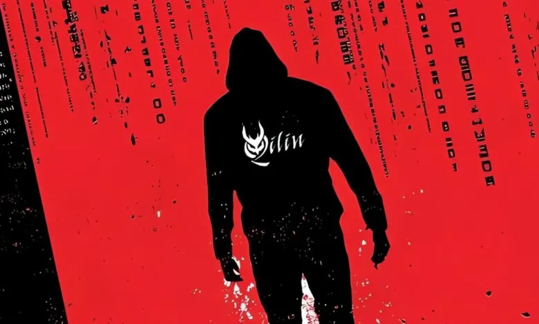 A hooded figure in black silhouette stands against a red backdrop with mysterious text.