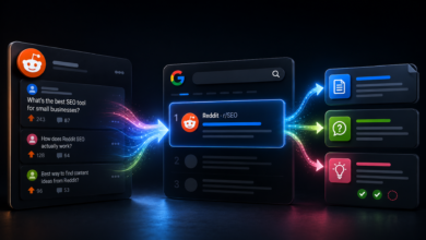 Digital illustration showing Reddit posts flowing into a Google search result and splitting into content types
