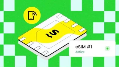 Digital illustration of a Saily eSIM card with an active status pop-up on green background