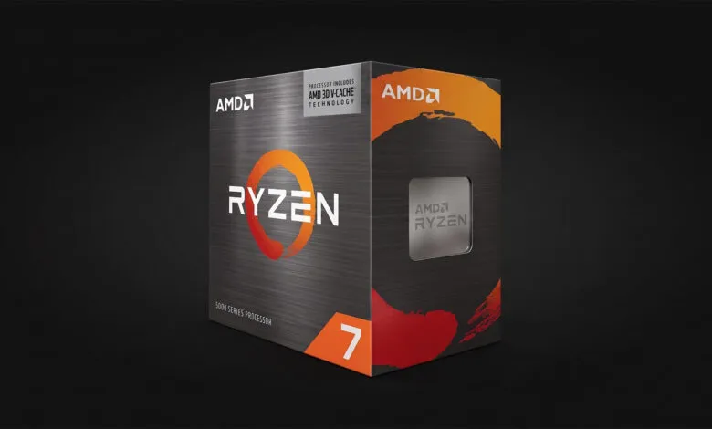 AMD Ryzen 7 processor retail box featuring 3D V-Cache technology on a dark background.