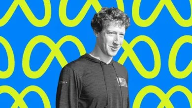 Mark Zuckerberg wearing a dark hoodie against a bright blue background with neon yellow infinity symbols.