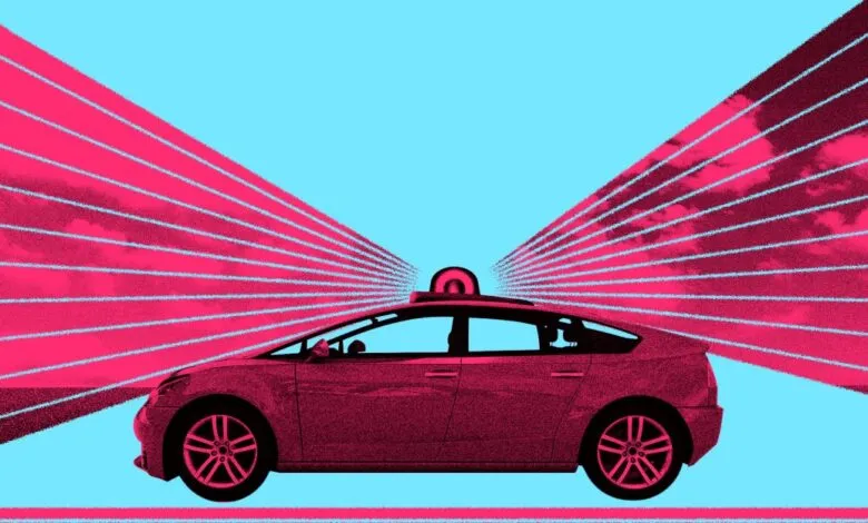 Autonomous vehicle with rooftop sensor emitting pink laser beams against a bright blue sky.